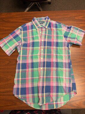 Vintage Polo Ralph Lauren Shirt Madras Plaid Short Sleeve Button Mens M Medium
